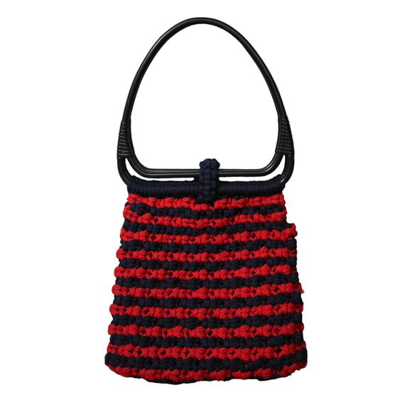 Vintage 60s Navy Blue Red Hippie Macrame Crochet Double Bangle Handle Tote Purse - Picture 6 of 6